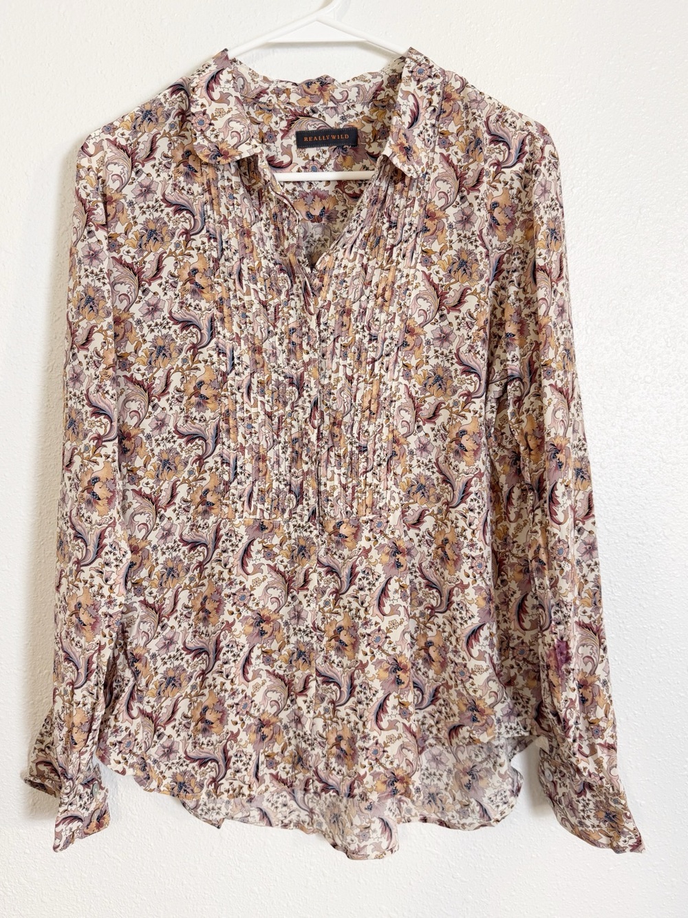 Really Wild London silk pintuck paisley print button down blouse